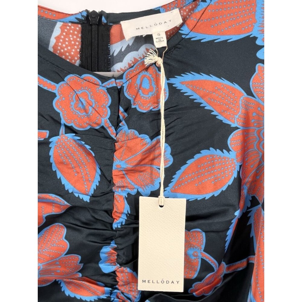 MELLODAY Women's Gray Orange Floral Silky Long Sleeve Maxi Dress NWT Small - Picture 4 of 8